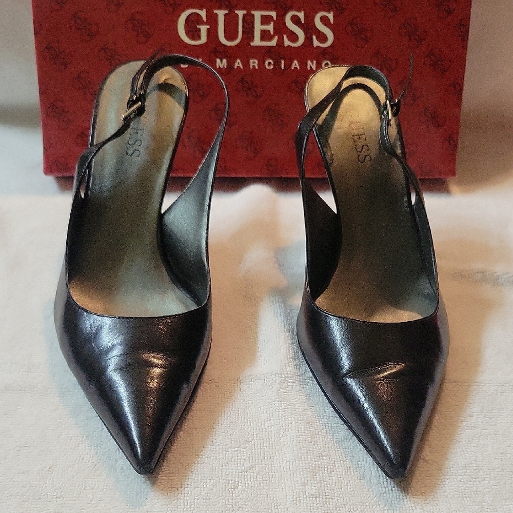 Guess Black Slingback Heels with Glossy Finish In Original Box